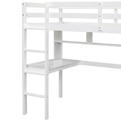 Twin Loft Bed with built-in desk and bookcase of three compartments, Guardrails and Ladder,White - Tampa Home & Garden Store