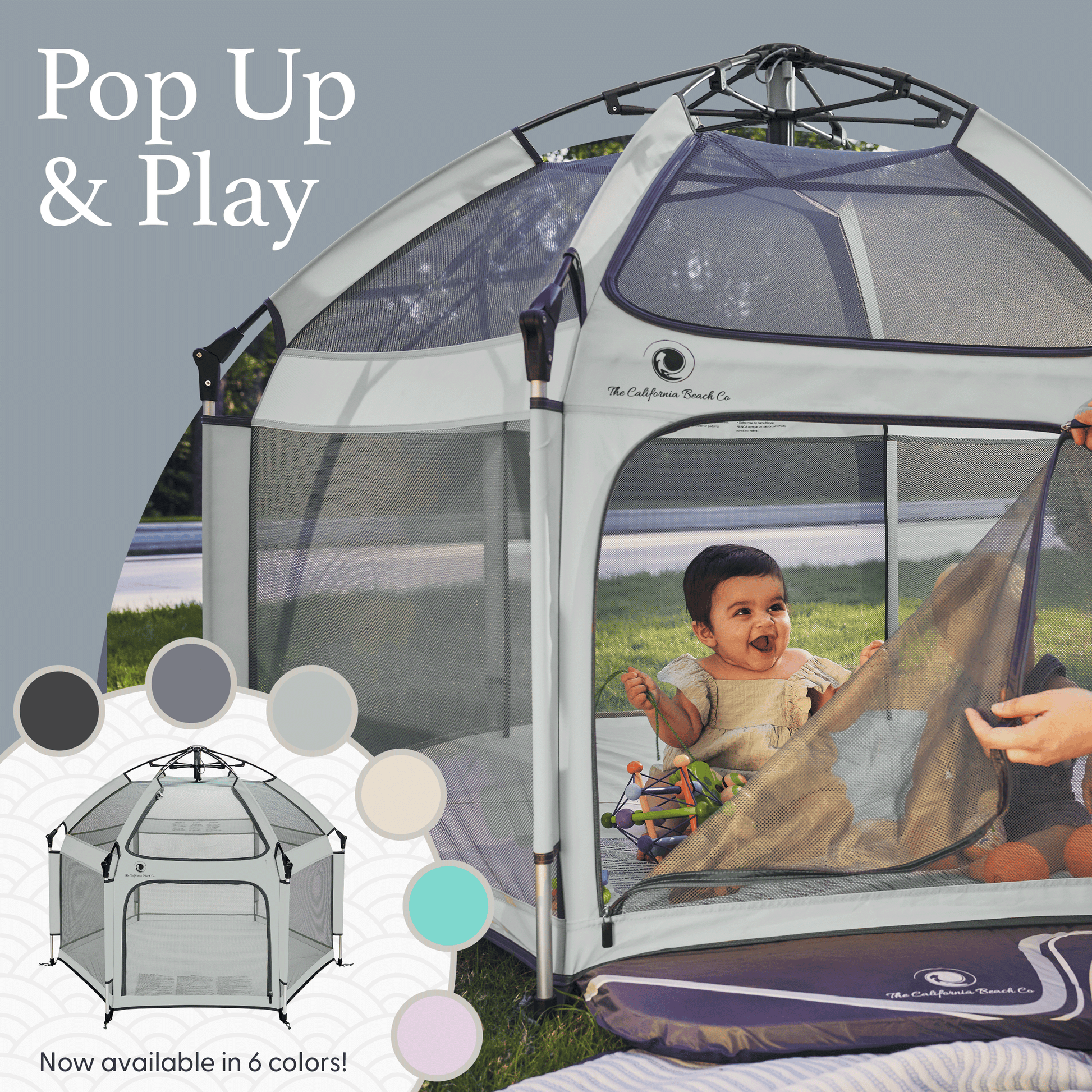 Pop 'N Go Playpen play yard by The California Beach Company LLC, gray mesh frame on Tampa Home & Garden Store