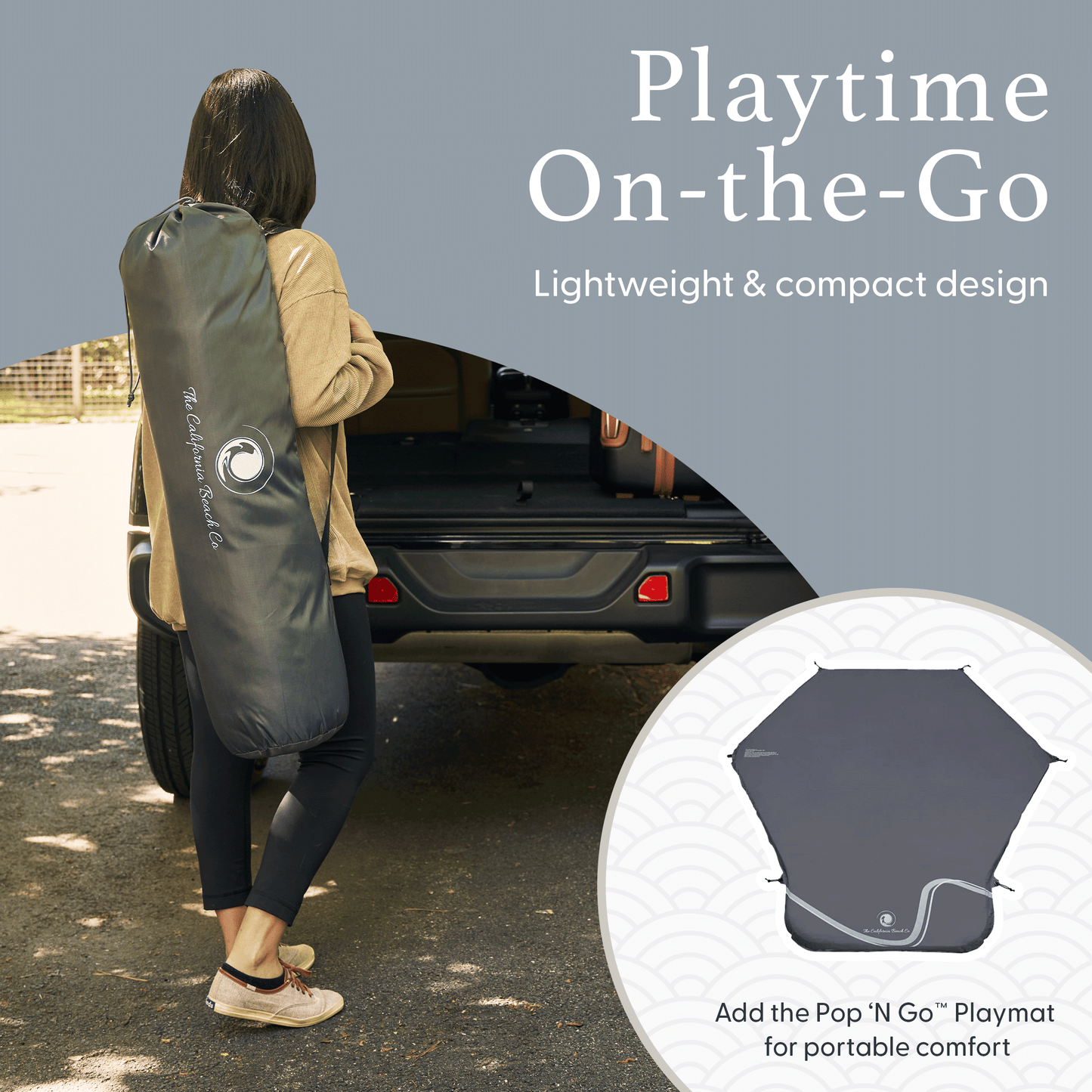 Pop 'N Go Playpen play yard with olive-green carry bag beside an open SUV on Tampa Home & Garden Store