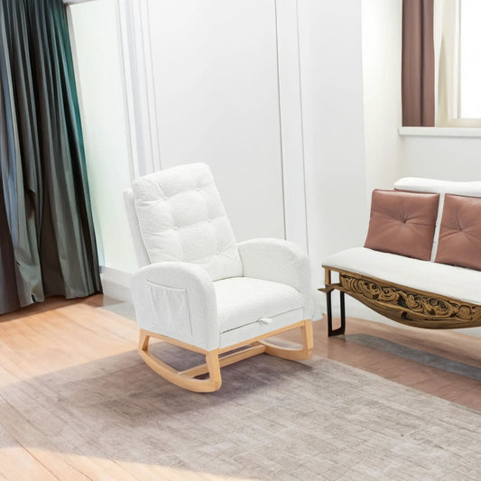 Accent Rubber Wood Rocking Chair with Footrest in white upholstery and wooden rockers on Tampa Home & Garden Store