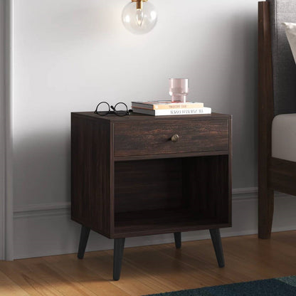 Mesa auxiliar de noche con 1 cajón de estilo moderno de mediados de siglo en acabado de madera marrón oscuro