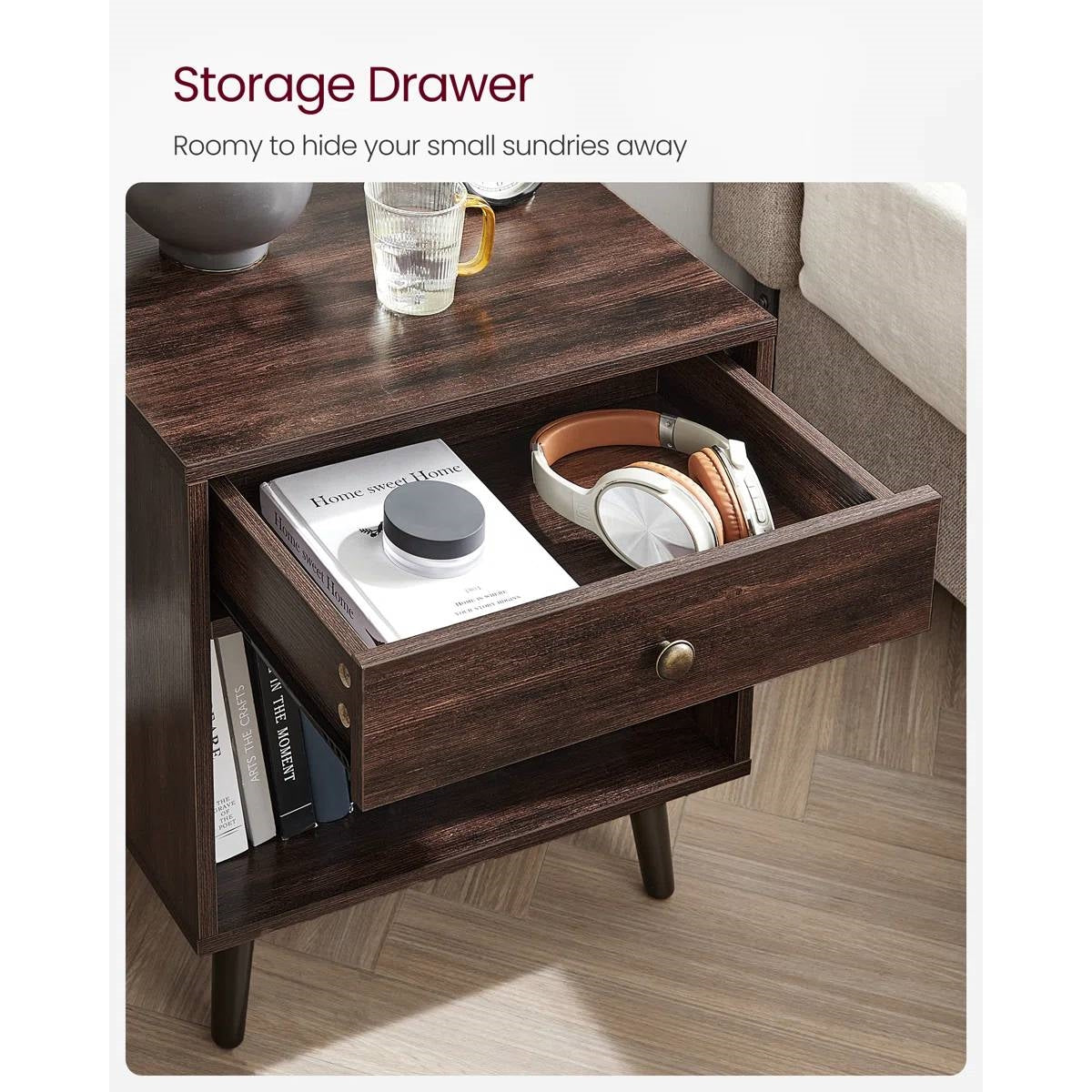 Mesa auxiliar de noche con 1 cajón de estilo moderno de mediados de siglo en acabado de madera marrón oscuro