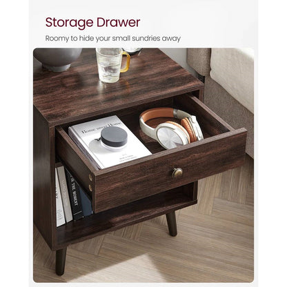 Mesa auxiliar de noche con 1 cajón de estilo moderno de mediados de siglo en acabado de madera marrón oscuro