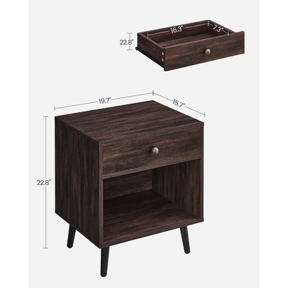 Mesa auxiliar de noche con 1 cajón de estilo moderno de mediados de siglo en acabado de madera marrón oscuro
