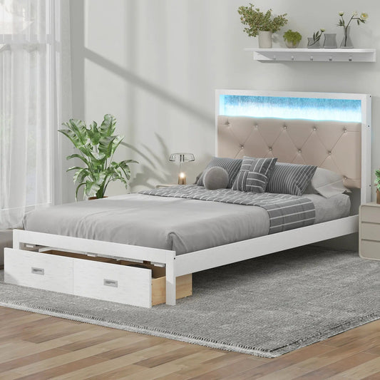 Wood full platform bed with LED and drawers, white frame, beige tufted headboard on Tampa Home & Garden Store