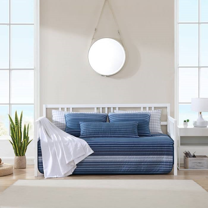 Juego de ropa de cama de 4 piezas de algodón a rayas blancas, azul marino y costeras para sofá cama