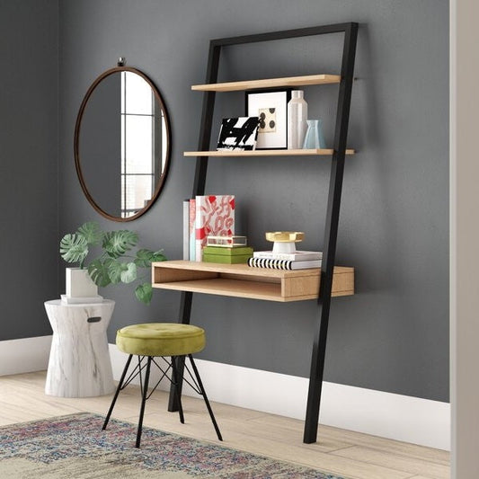 Farmhouse Rustic Oak Black Leaning Ladder Writing Desk 2 Shelves - Tampa Home & Garden Store