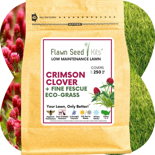 Crimson Clover + Mow Less Grass Seed by Flawn Seed Kits; low maintenance lawn seed covers 250 sq ft on Tampa Home & Garden Store