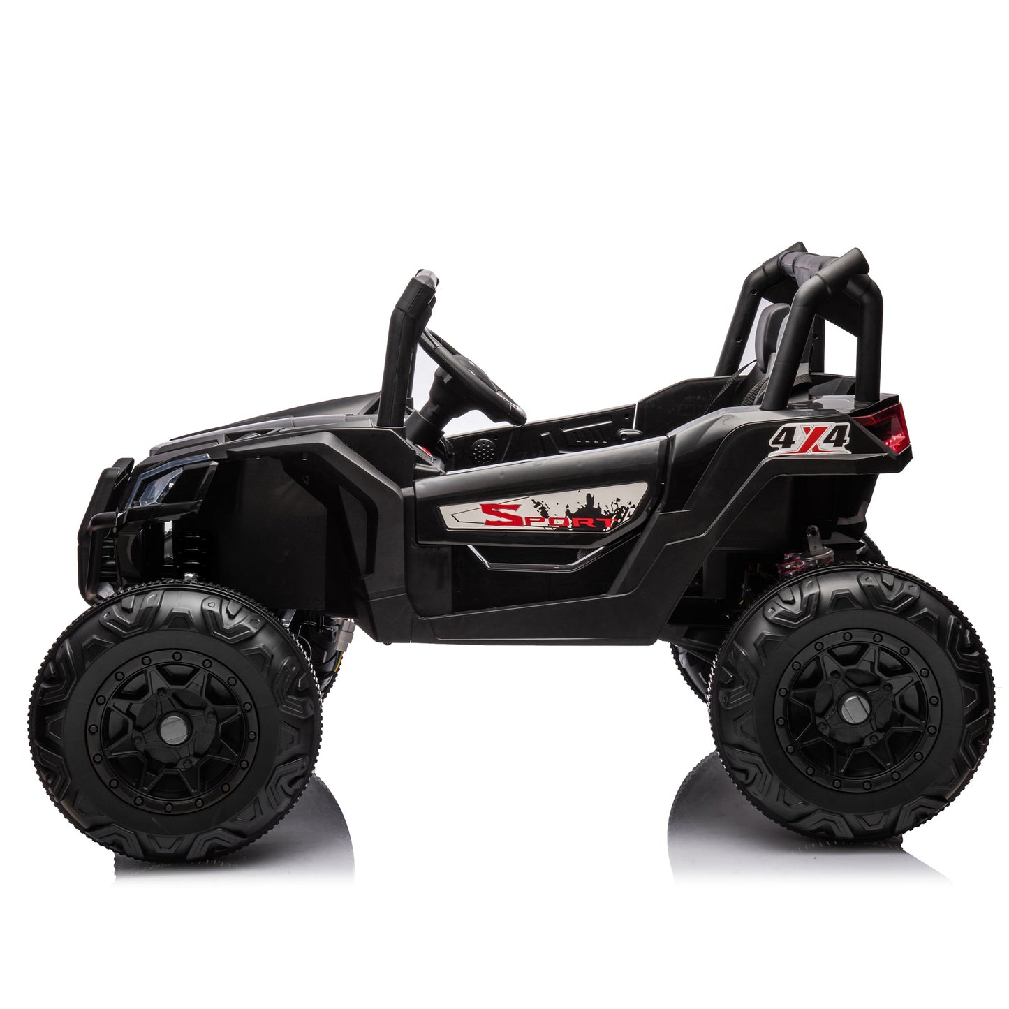 Side by Side 4x4 ride-on off-road vehicle in black with large rugged tires and roll cage on Tampa Home & Garden Store