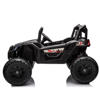 Side by Side 4x4 ride-on off-road vehicle in black with large rugged tires and roll cage on Tampa Home & Garden Store