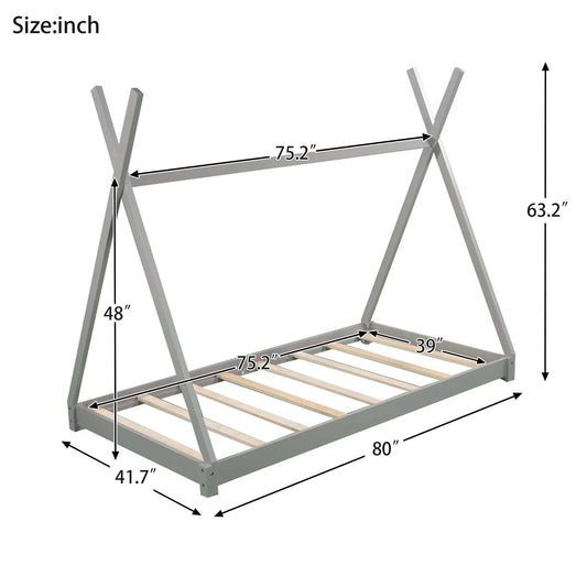Twin Size House Platform Bed with Triangle Gray frame, slatted base on Tampa Home & Garden Store