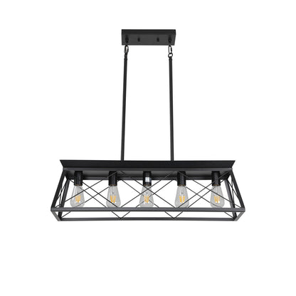 5-light farmhouse pendant light, metal pendant light island fixture, modern rectangular island light, pure black (no bulb)