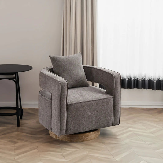 Swivel Accent Open Back Chair with weathered wood base, gray fabric upholstery on Tampa Home & Garden Store