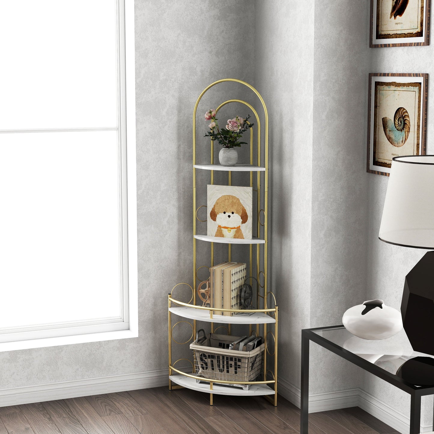 Gold 4-Tier Corner Bookshelf, Modern Style, Plant Stand with Metal Frame - Tampa Home & Garden Store