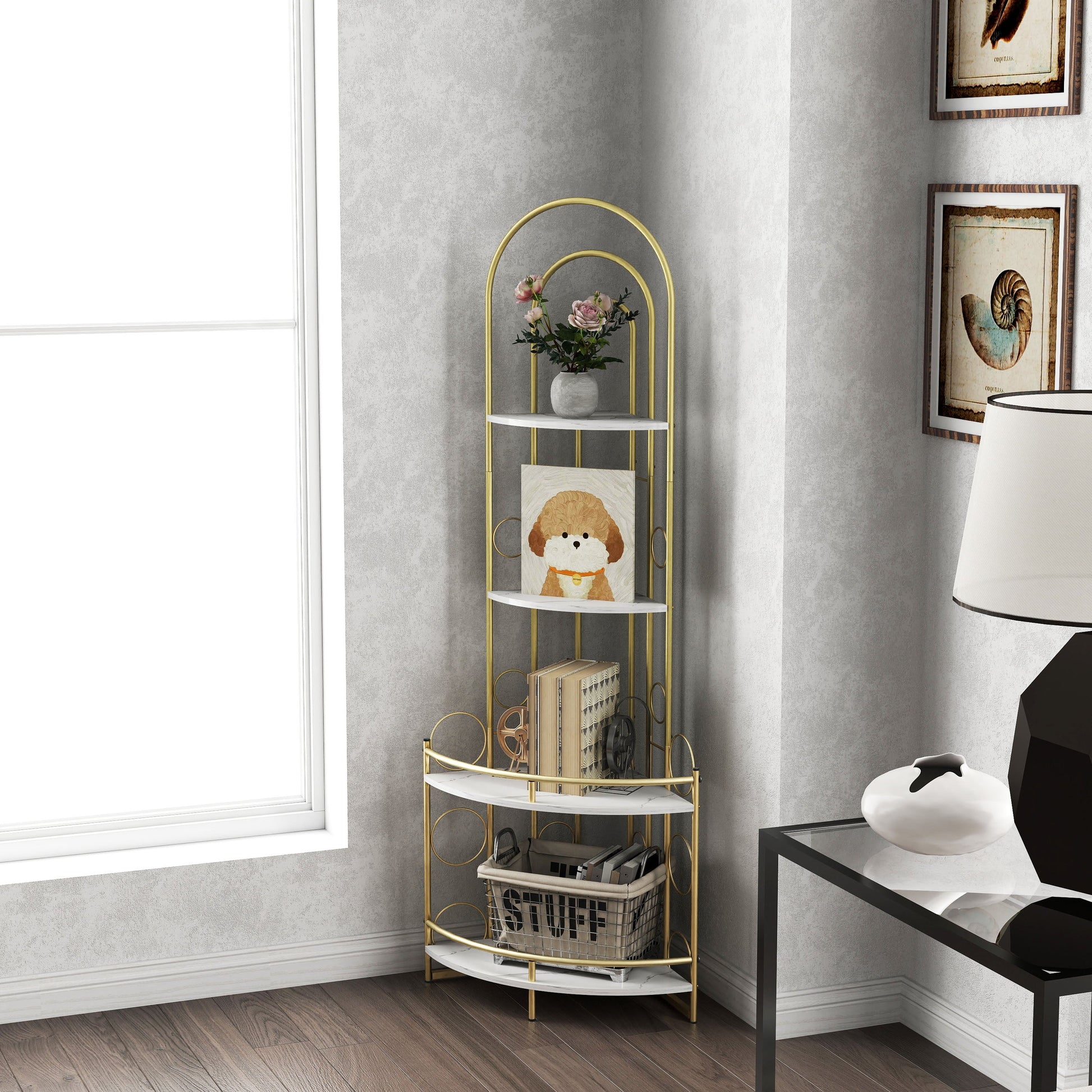 Gold 4-Tier Corner Bookshelf, Modern Style, Plant Stand with Metal Frame - Tampa Home & Garden Store