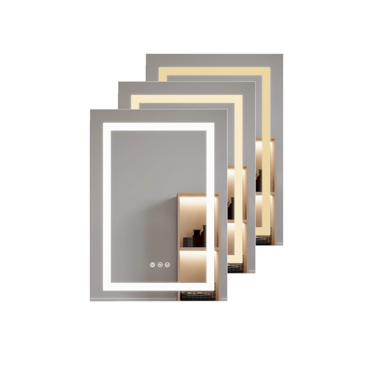 Bathroom medicine cabinet with LED mirror, gray frames and warm glow, shelves on Tampa Home & Garden Store