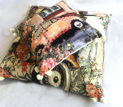 Vibhsa decorative 12x12 throw pillows with vintage truck print and floral print, pom-pom trim on Tampa Home & Garden Store