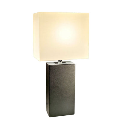 Lámpara de mesa contemporánea de cuero negro con pantalla de tela blanca