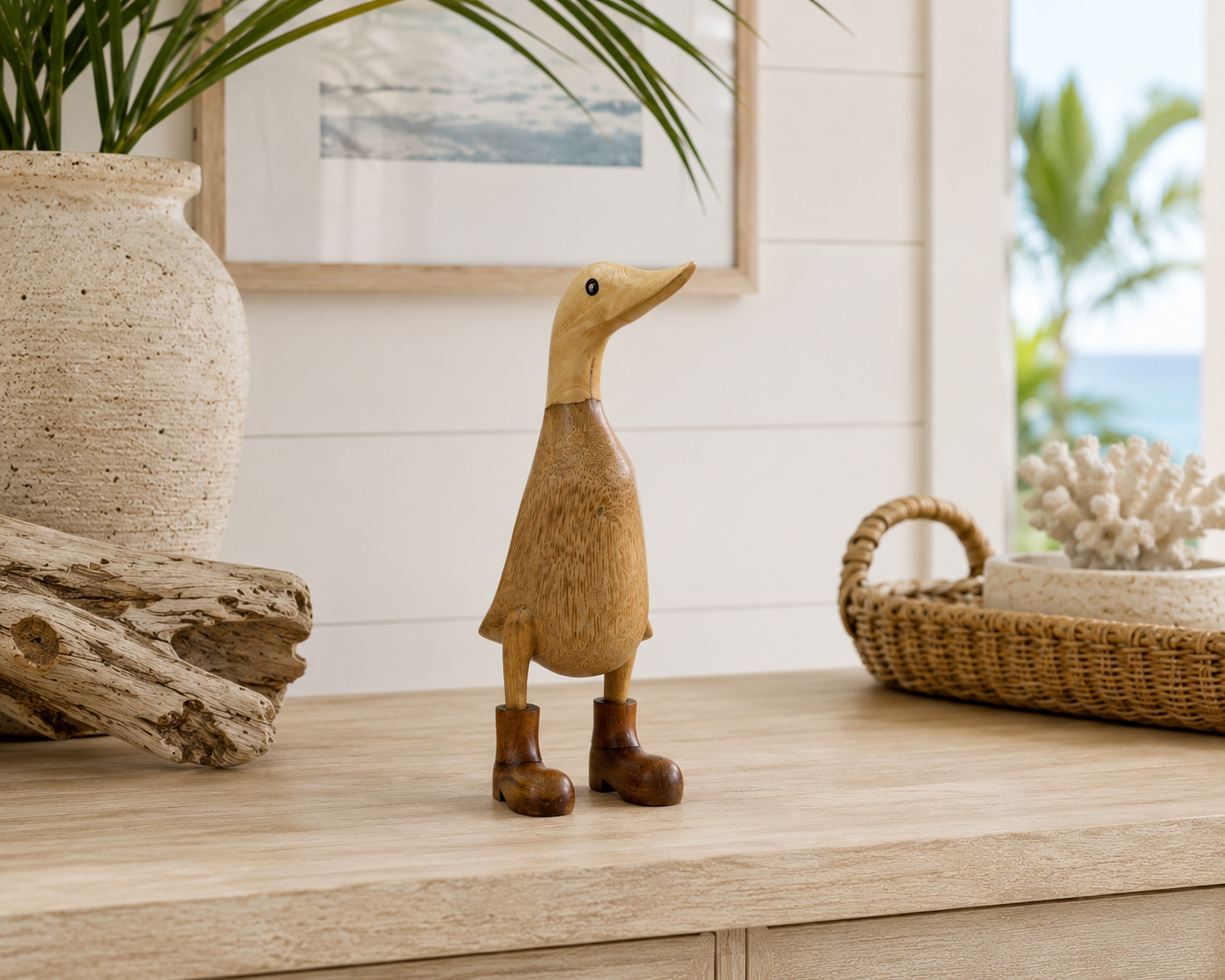 Bali hand-carved bamboo duck sculpture with natural wood finish by The Broward Design Center on Tampa Home & Garden Store