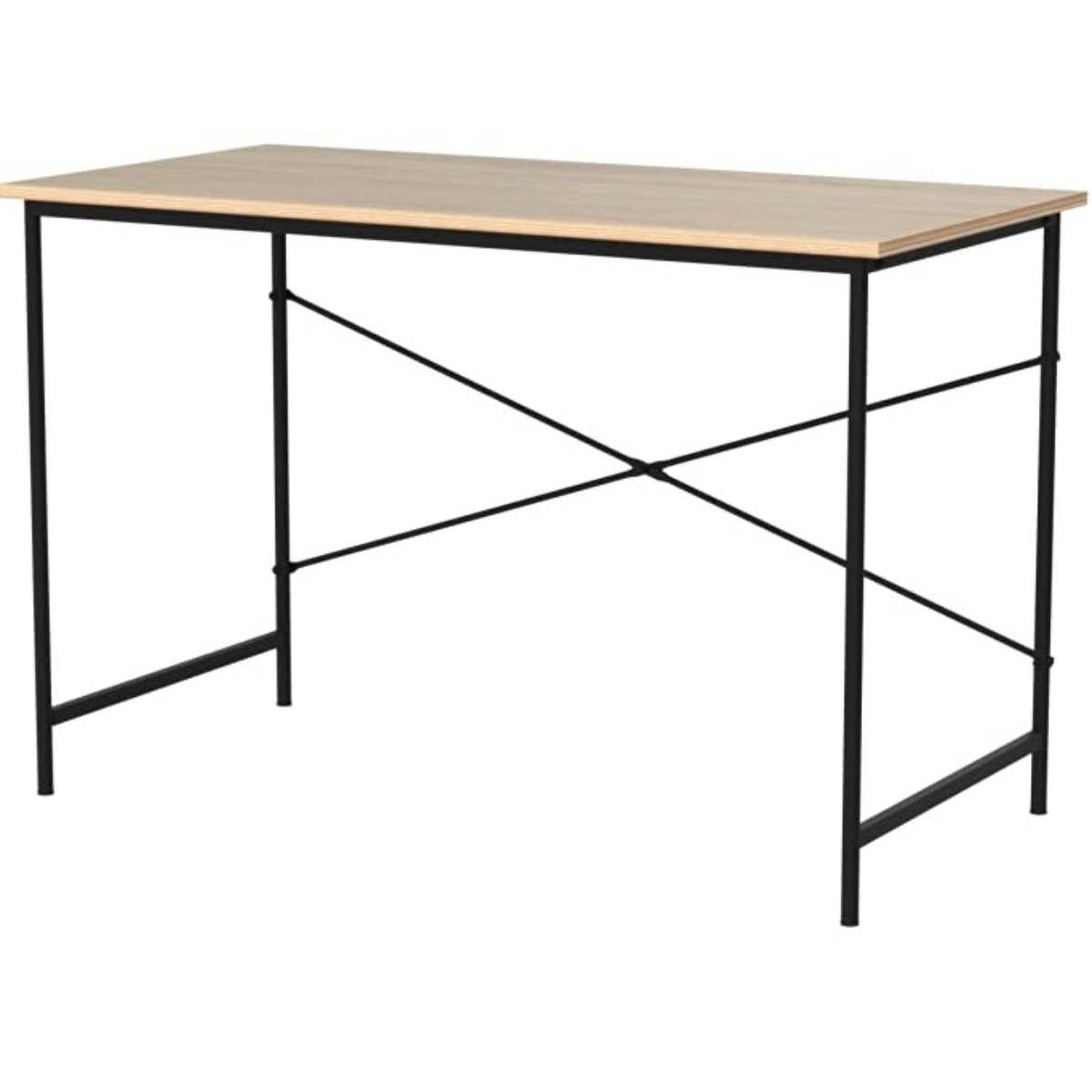 Mesa de escritorio de ordenador moderna para oficina en casa con estructura de metal negro y tablero de madera en roble