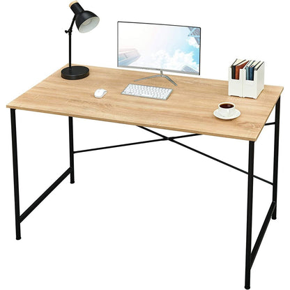 Mesa de escritorio de ordenador moderna para oficina en casa con estructura de metal negro y tablero de madera en roble