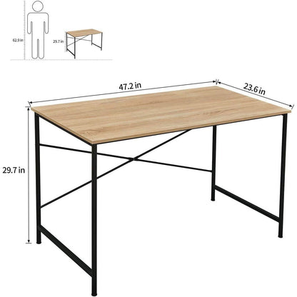 Mesa de escritorio de ordenador moderna para oficina en casa con estructura de metal negro y tablero de madera en roble