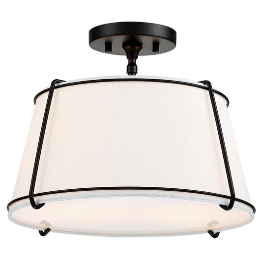 2-Light Round 15-inch White Drum Ceiling Light w/ Black Metal - Semi-Flush Mount - Tampa Home & Garden Store