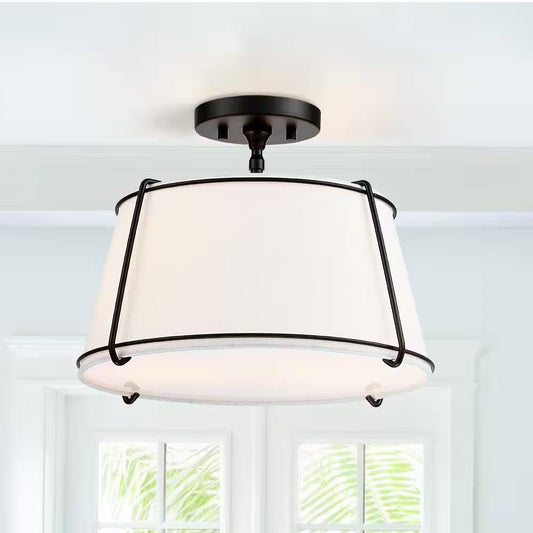 2-Light Round 15-inch White Drum Ceiling Light w/ Black Metal - Semi-Flush Mount - Tampa Home & Garden Store
