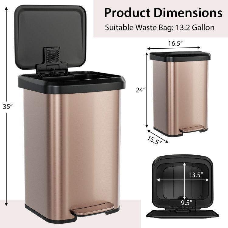 Cubo de basura de acero inoxidable dorado cobrizo de 13 galones con tapa de cierre suave