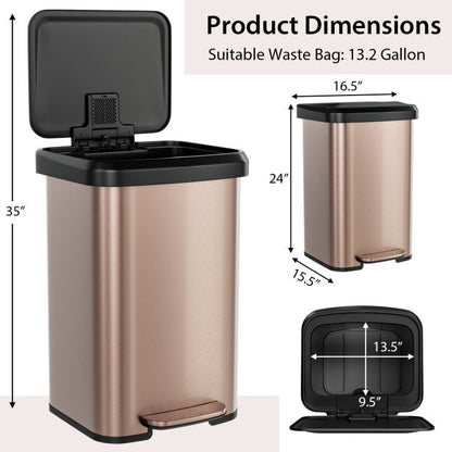 Cubo de basura de acero inoxidable dorado cobrizo de 13 galones con tapa de cierre suave