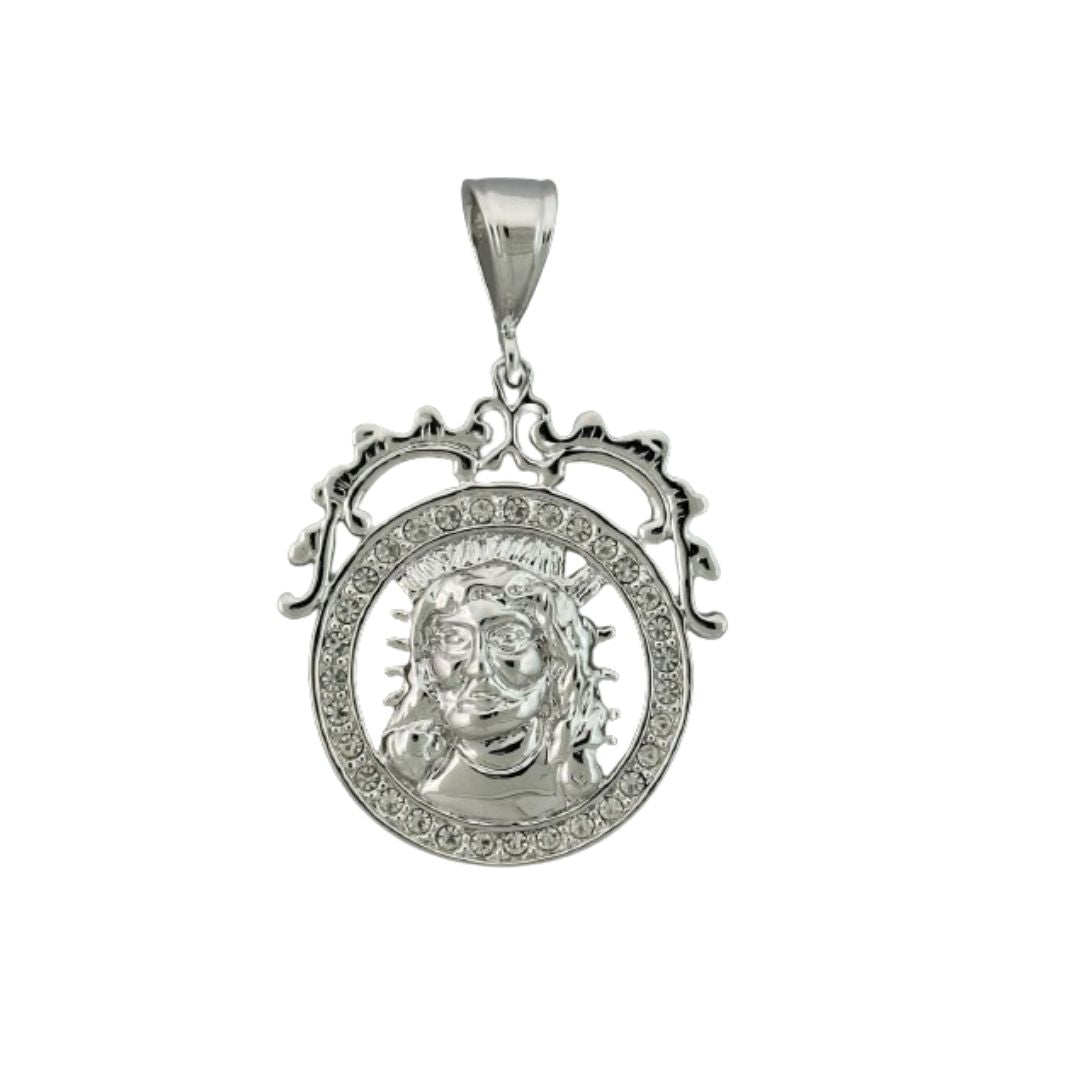 Pendant Charm silver-tone circular medallion with crystal rim and ornate scrollwork on Tampa Home & Garden Store