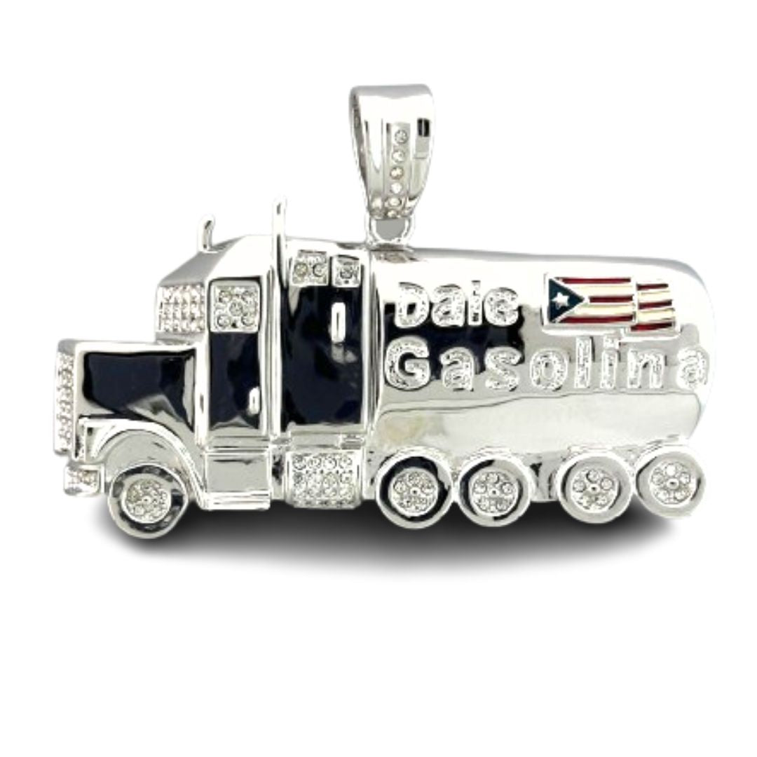 Truck pendant by Lauren G Adams; silver tanker with rhinestone wheels and Puerto Rico flag on Tampa Home & Garden Store