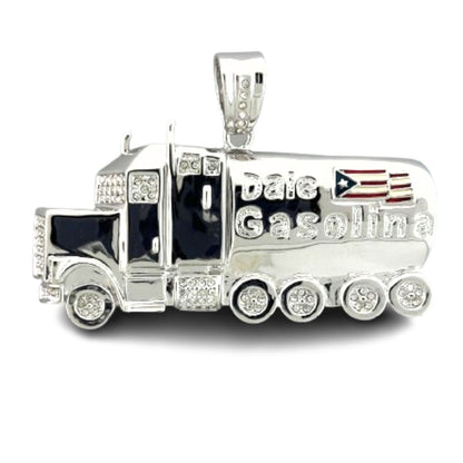 Truck pendant by Lauren G Adams; silver tanker with rhinestone wheels and Puerto Rico flag on Tampa Home & Garden Store