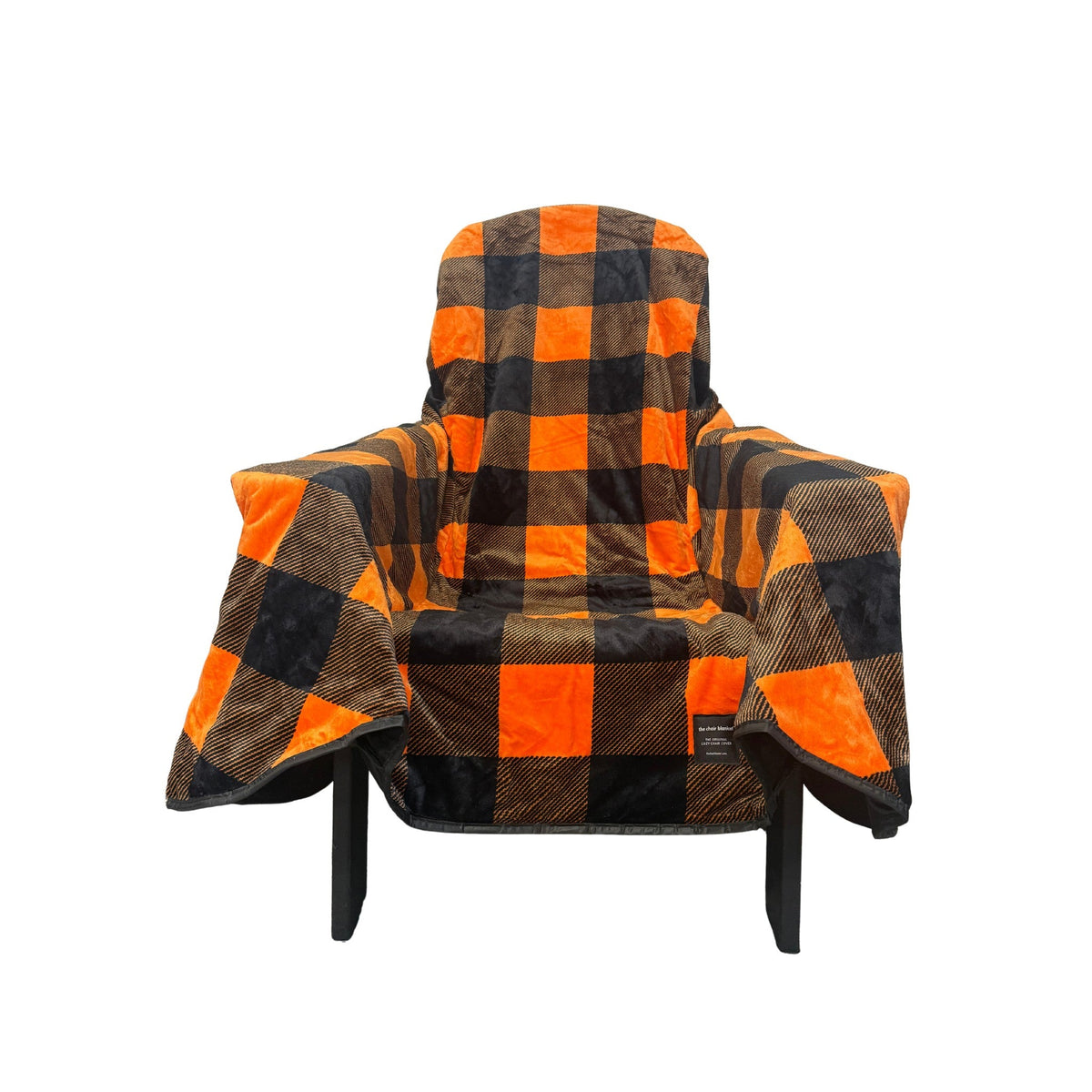 Chair blanket City Bonfires on outdoor chair in orange and black plaid on Tampa Home & Garden Store