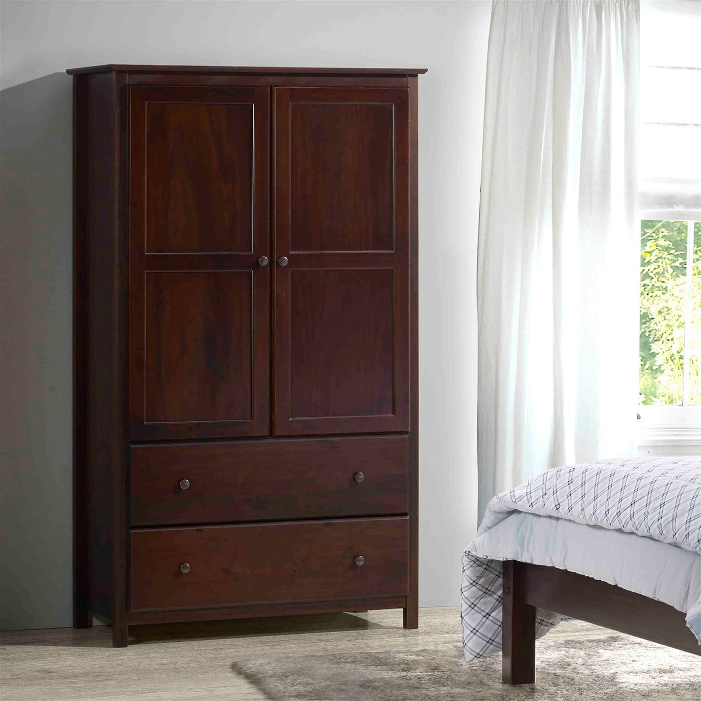 Armario de dormitorio de madera maciza con barra para colgar en acabado cerezo