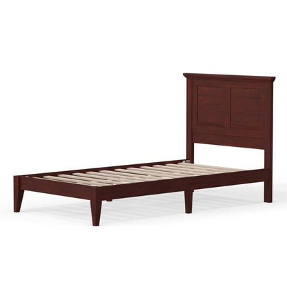 Base de cama de plataforma doble tradicional de madera maciza de roble con cabecero en cerezo
