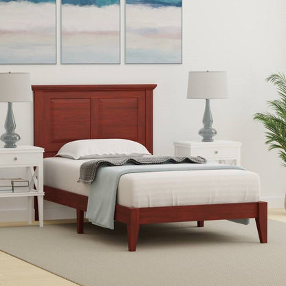 Base de cama de plataforma doble tradicional de madera maciza de roble con cabecero en cerezo