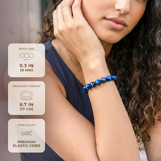 Blue tiger eye bracelet with 8 mm beads on premium elastic cord for protection and energy on Tampa Home & Garden Store