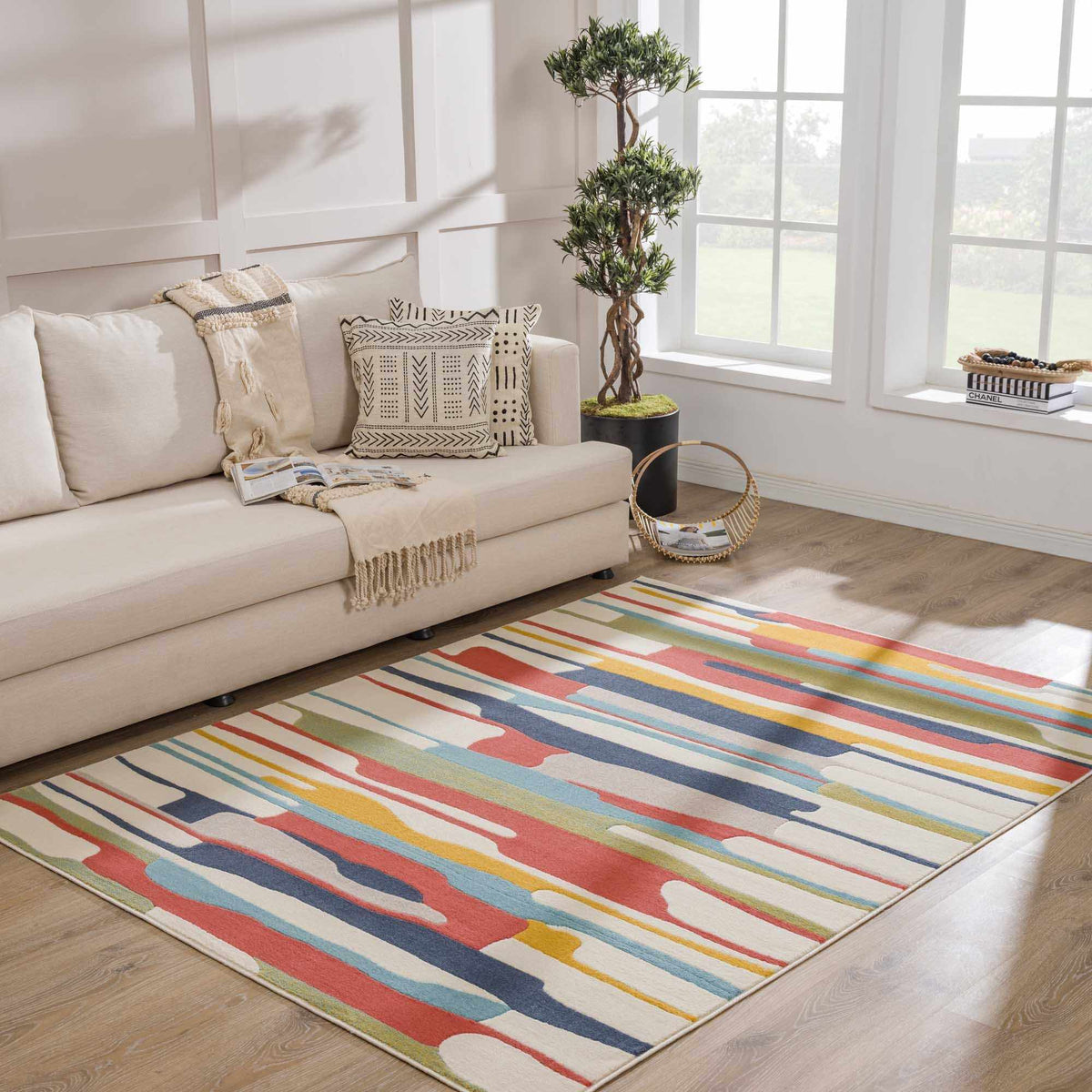 Southfields Colorful Modern Area Carpet by Boutique Rugs striped design on light floor on Tampa Home & Garden Store