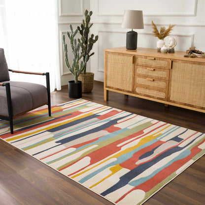 Southfields Colorful Modern Area Rug multicolor striped pattern on hardwood floor on Tampa Home & Garden Store