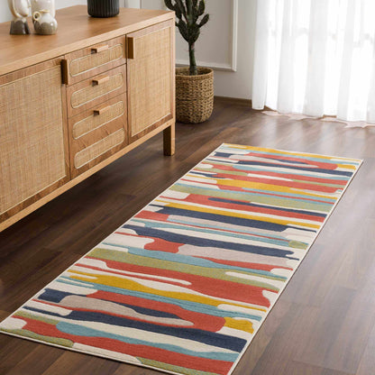 Southfields Colorful Modern Area Carpet multicolor striped rug near woven cabinet in room on Tampa Home & Garden Store