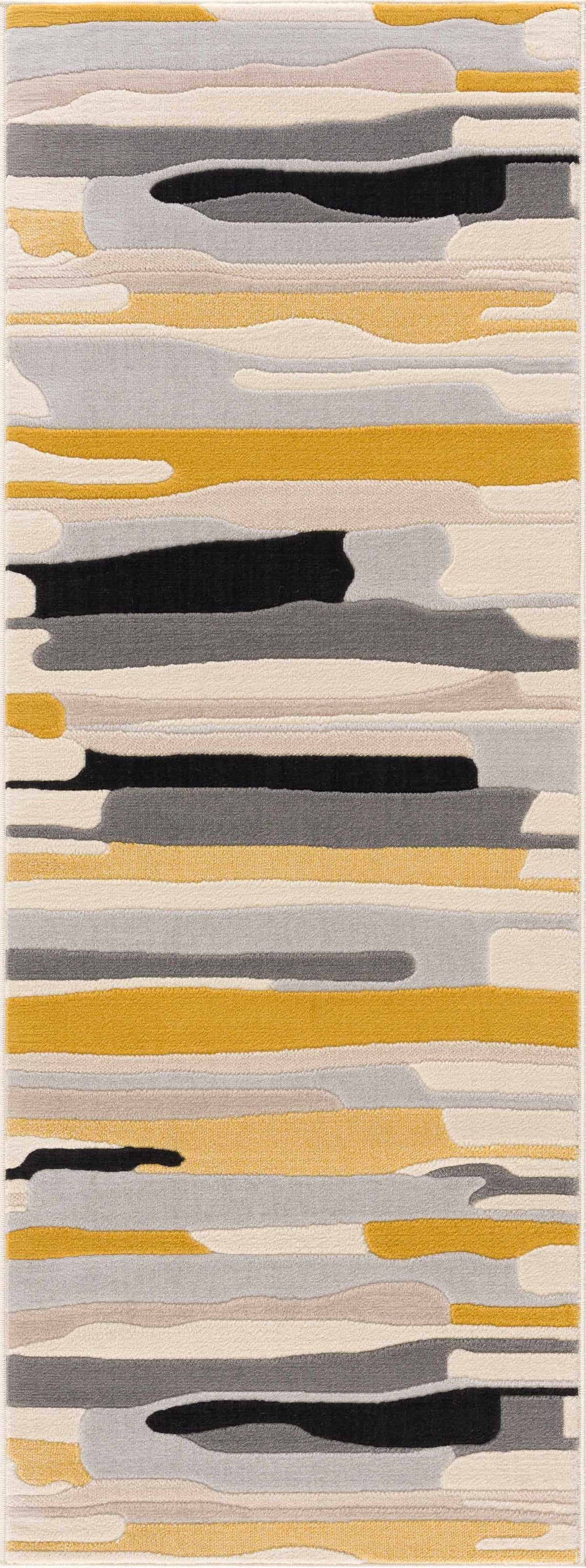 Southfields Mustard Modern Rug by Boutique Rugs with abstract mustard, gray and black wavy bands on Tampa Home & Garden Store