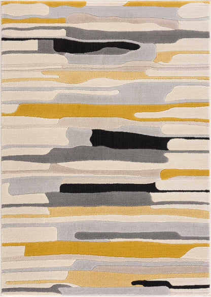 Southfields Mustard Modern Rug by Boutique Rugs, abstract striped in mustard, gray, cream on Tampa Home & Garden Store