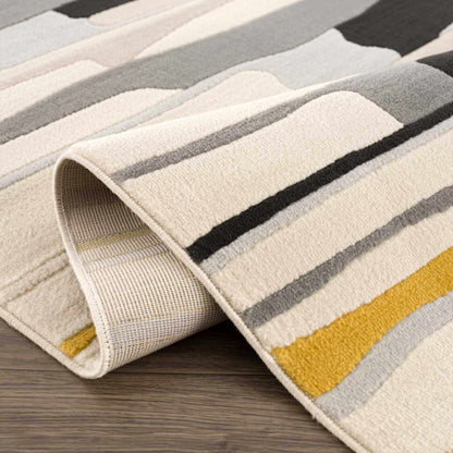 Southfields Mustard Modern Rug multicolor striped cream gray mustard tones rolled on Tampa Home & Garden Store