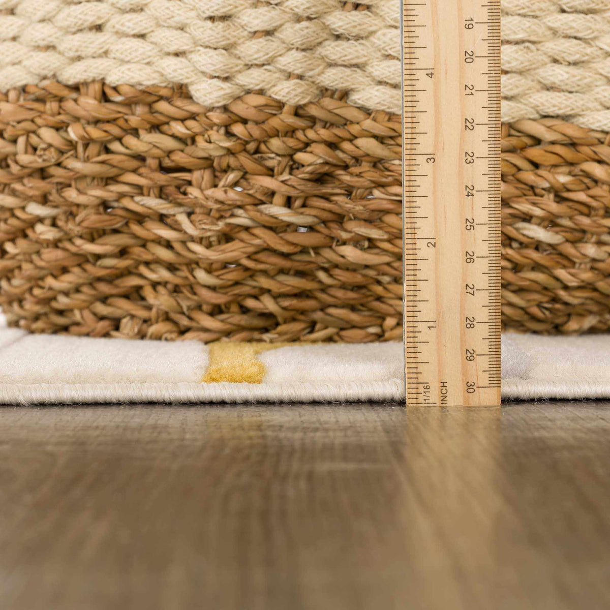 Southfields Mustard Modern Rug by Boutique Rugs, woven jute in mustard beige with ruler on Tampa Home & Garden Store