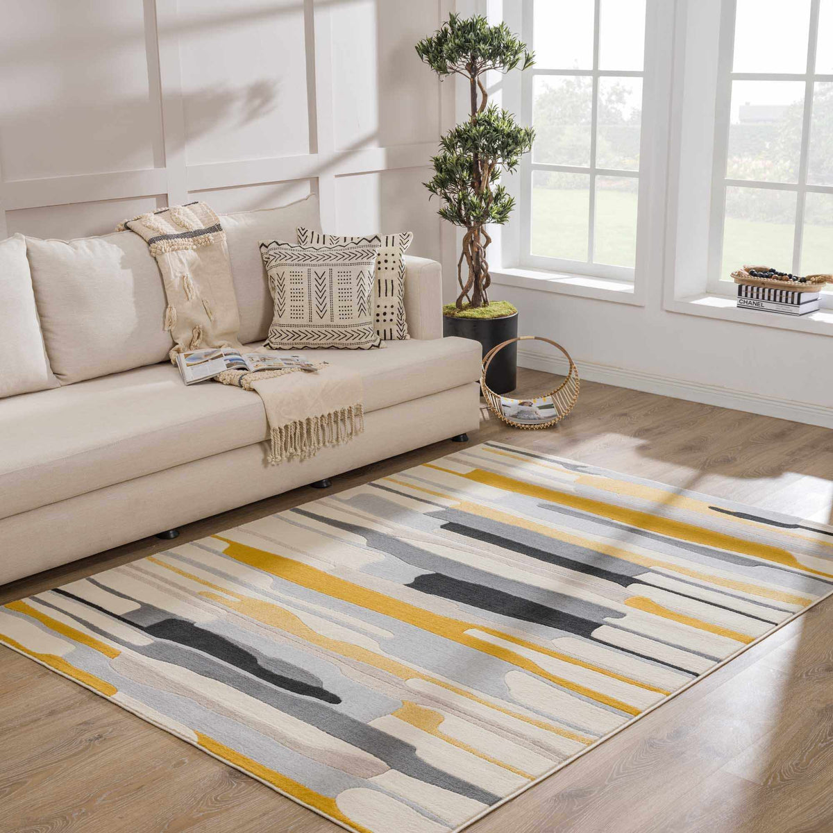 Southfields Mustard Modern Rug mustard gray white geometric stripe design by Boutique Rugs on Tampa Home & Garden Store