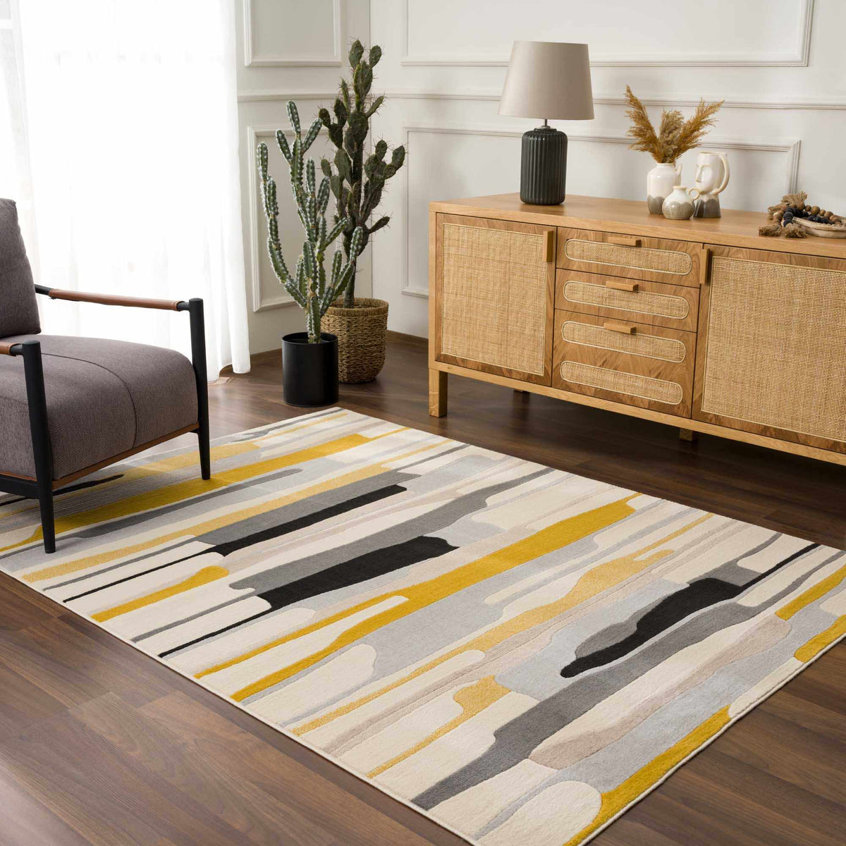 Southfields Mustard Modern Rug with abstract striped mustard gray ivory Boutique Rugs on Tampa Home & Garden Store