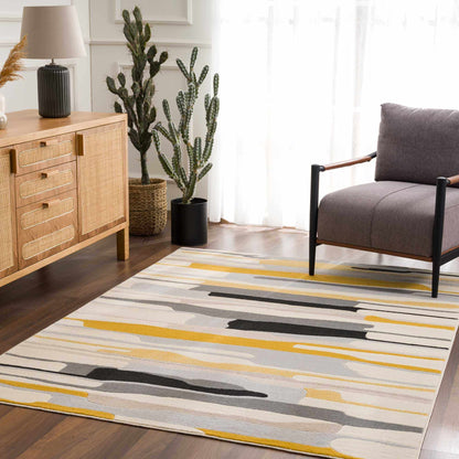 Southfields Mustard Modern Rug by Boutique Rugs; gray and white striped with mustard accents on Tampa Home & Garden Store
