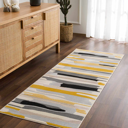 Southfields Mustard Modern Rug by Boutique Rugs with mustard yellow, gray, and black stripes on Tampa Home & Garden Store
