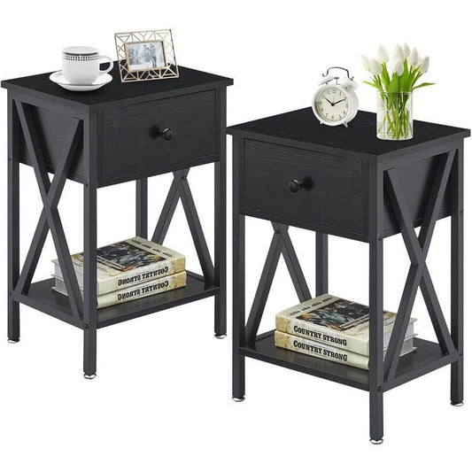 Set of 2 - Rustic 1 Drawer Black Nightstand with X-Shaped Sides - Tampa Home & Garden Store